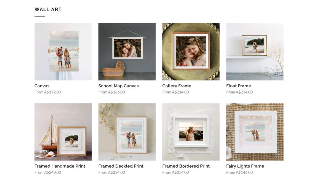 A grid of nine wall art pieces in canvases and frames displaying a mix of portrait and landscape photos.