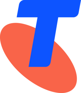 A bold blue letter T overlaps with a tilted orange oval on a light grey background.
